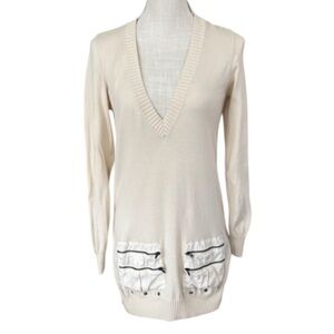 SEE BY CHLOE Long V Neck Sweater with Zipper Pockets - Cream - Size 4